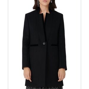 Maje Galar Wool Blend Coat Mid Length Black Velvet Trim Women's 36 Small Jacket